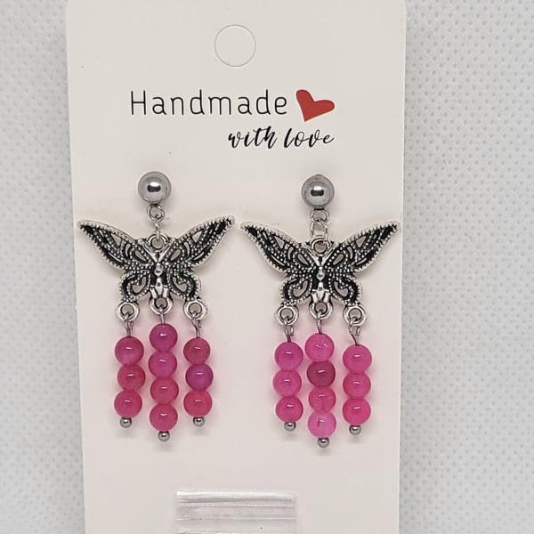 Pink Agate Butterfly Earrings Stainless Steel Studs Handmade Jewellery
