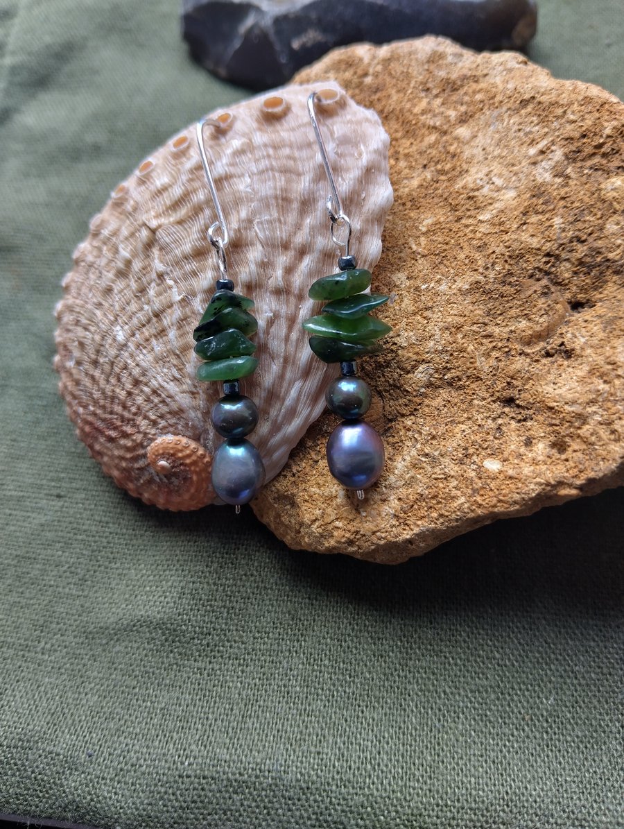 Black Pearl and Greenstone Earrings made with 925 Sterling Silver 
