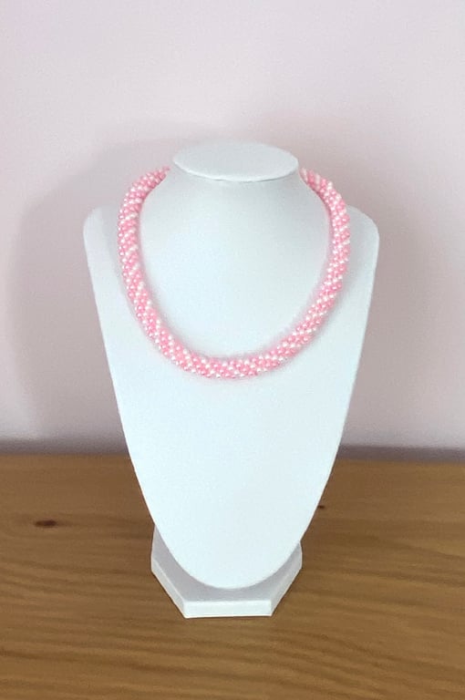 Pink & White Pearl Handmade Woven Spiral Necklace