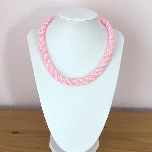 Pink & White Pearl Handmade Woven Spiral Necklace