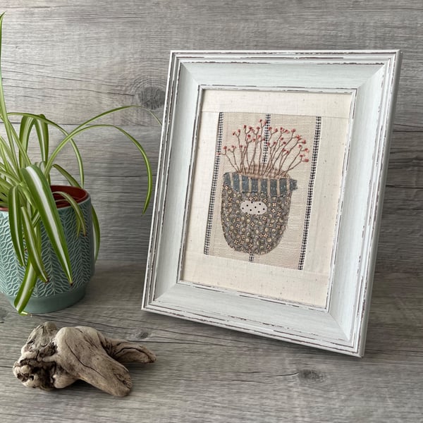 Hand Embroidered Framed Seedhead Textile Picture
