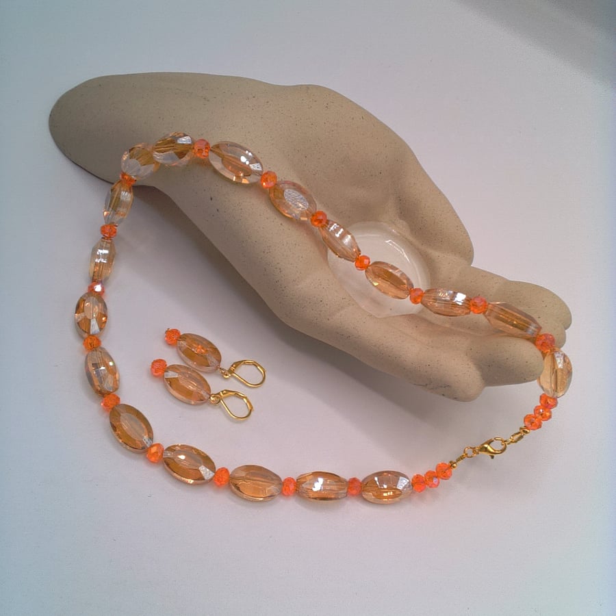 Golden Honey Colour Oval Faceted Glass Bead Necklace and Earrings Set, Gift Set