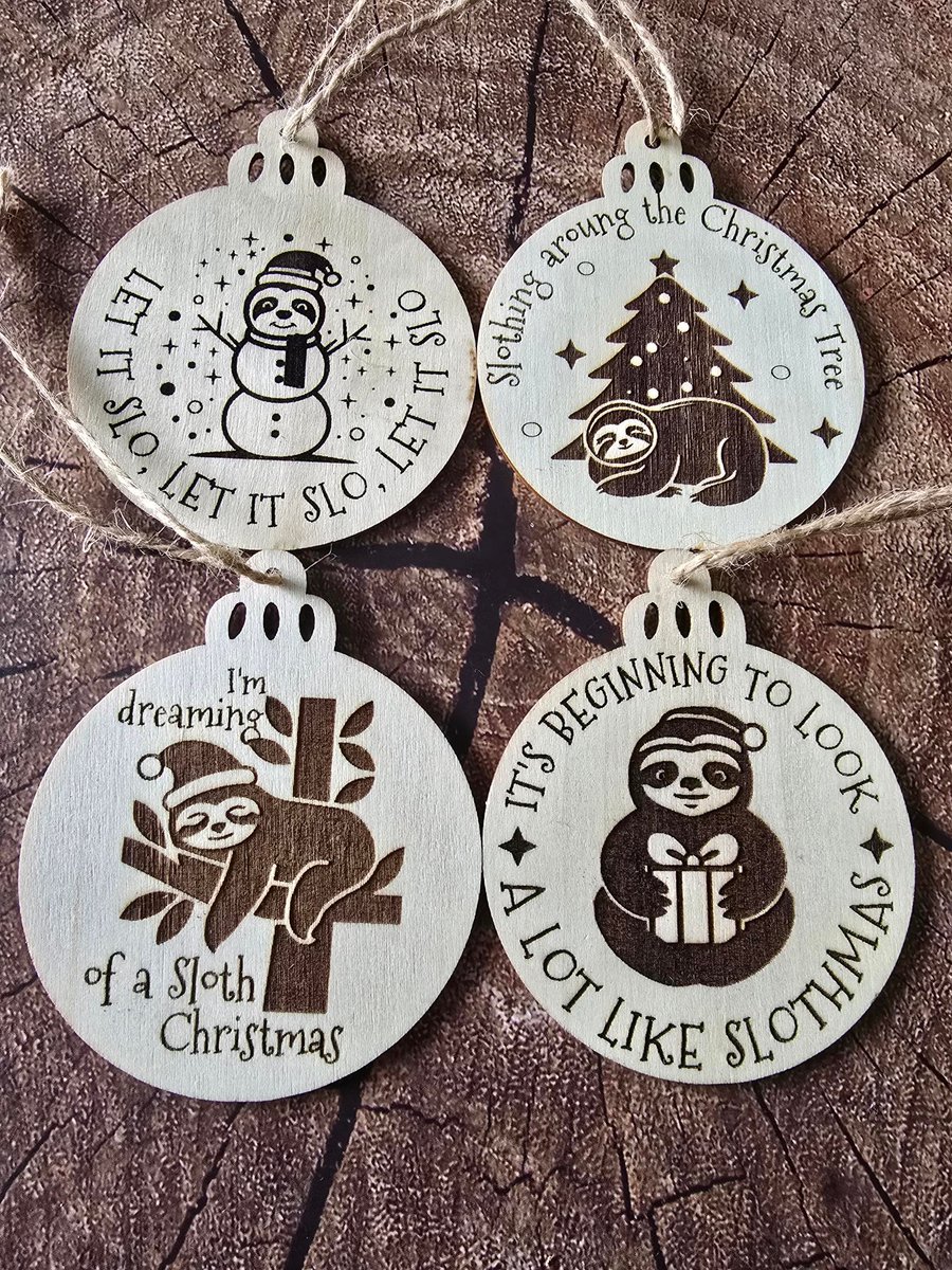 4 Original Sloth Wooden Baubles to raise awareness ME-Chronic Fatigue Syndrome
