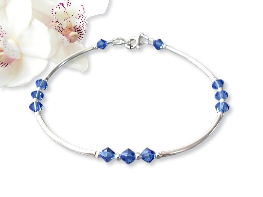 Sapphire Blue Premium Crystals & Sterling Silver Curves Designer Bracelet
