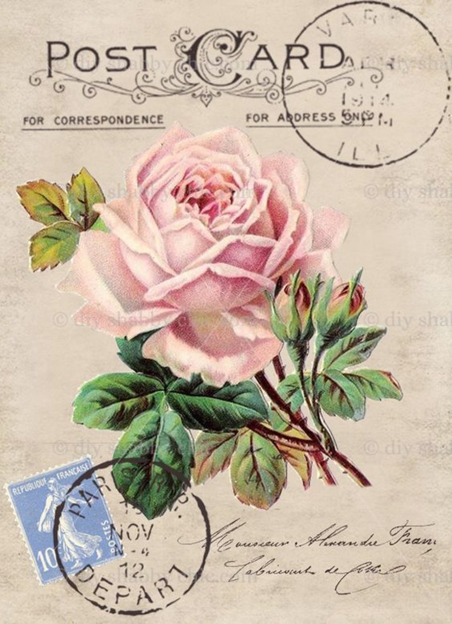 Waterslide Furniture Decal Vintage Image Transfer DIY Shabby Chic Rose Post Card