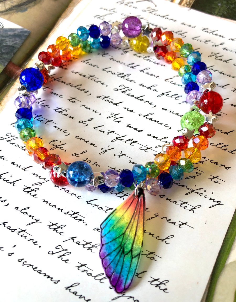 Rainbow Fairy Wing Beaded Star Wrap Bracelet