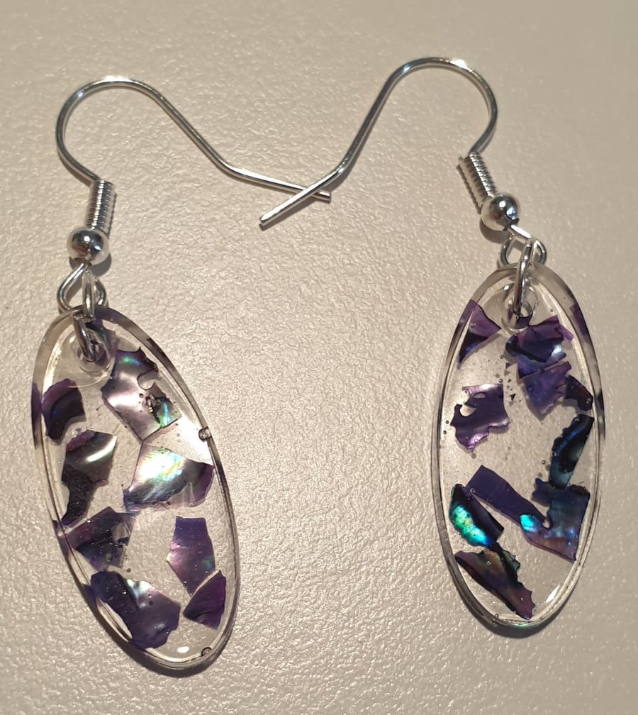 Oval blue mother of pearl resin earrings