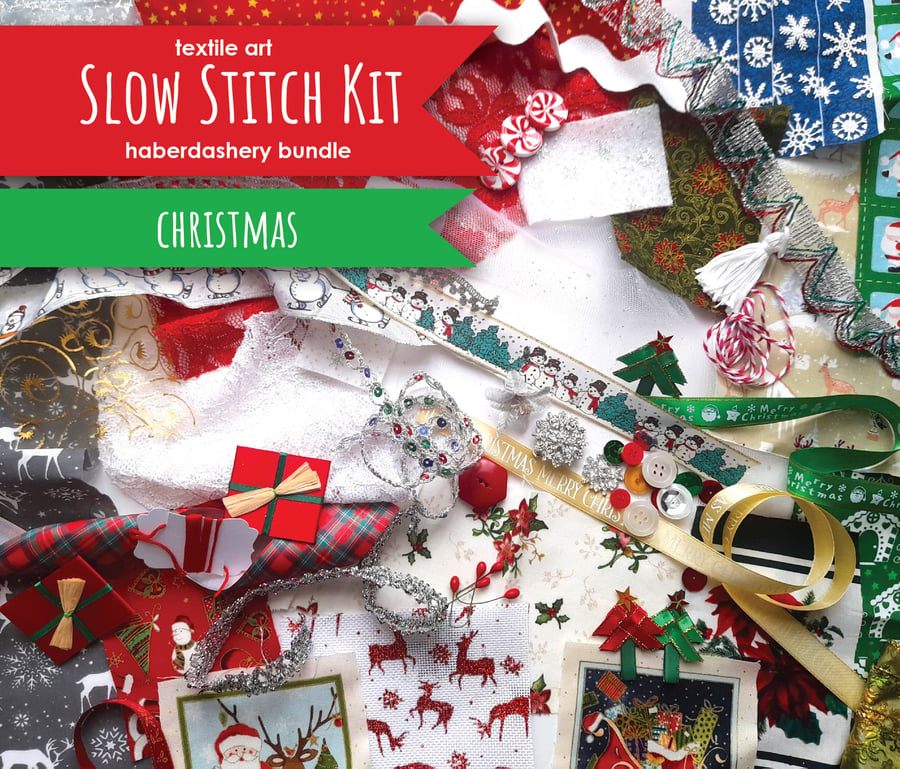 Slow stitching kit - Christmas theme. Fabric remnants, fabric bundle