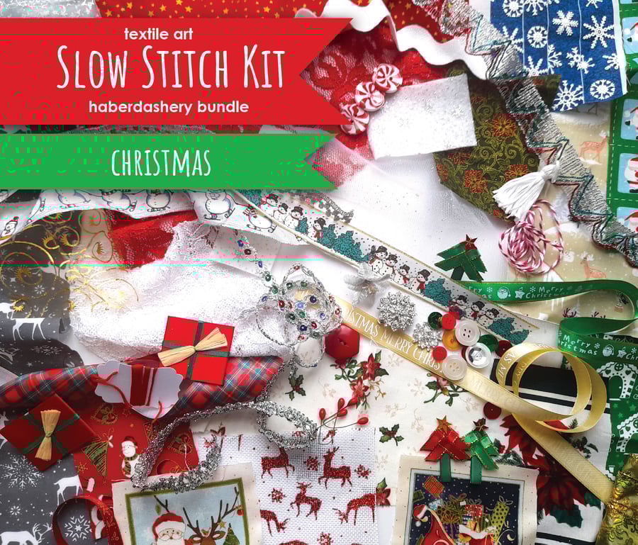 Slow stitching kit - Christmas theme. Fabric remnants, fabric bundle