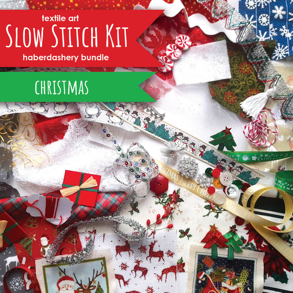 Slow stitching kit - Christmas theme. Fabric remnants, fabric bundle