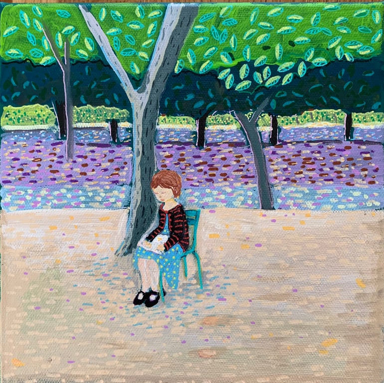 Reading in the Parisian  Park - Original Acrylic Painting - Handpainted