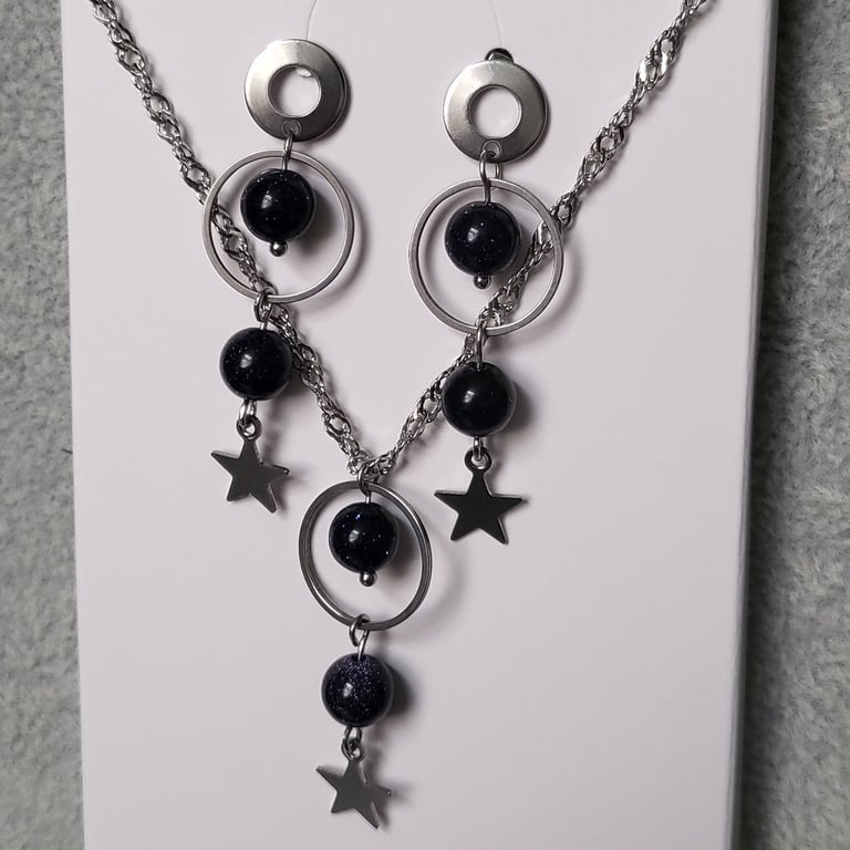 Night Sky Blue Sandstone Star Necklace and Stud Earrings Jewellery Set