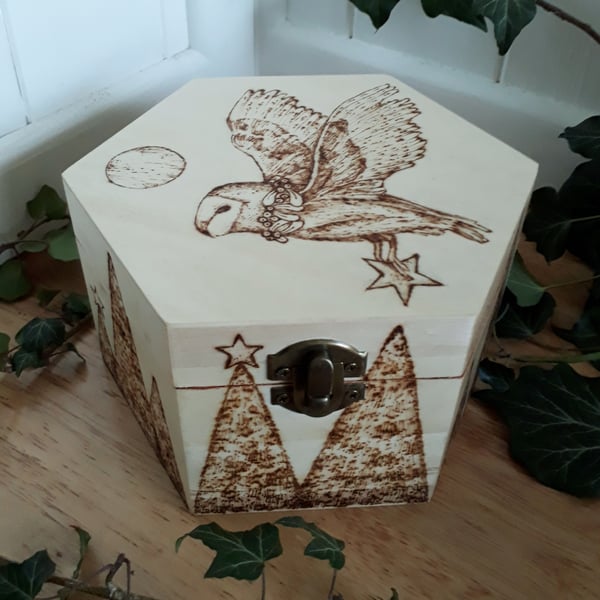Barn owl pyrography wooden Christmas box