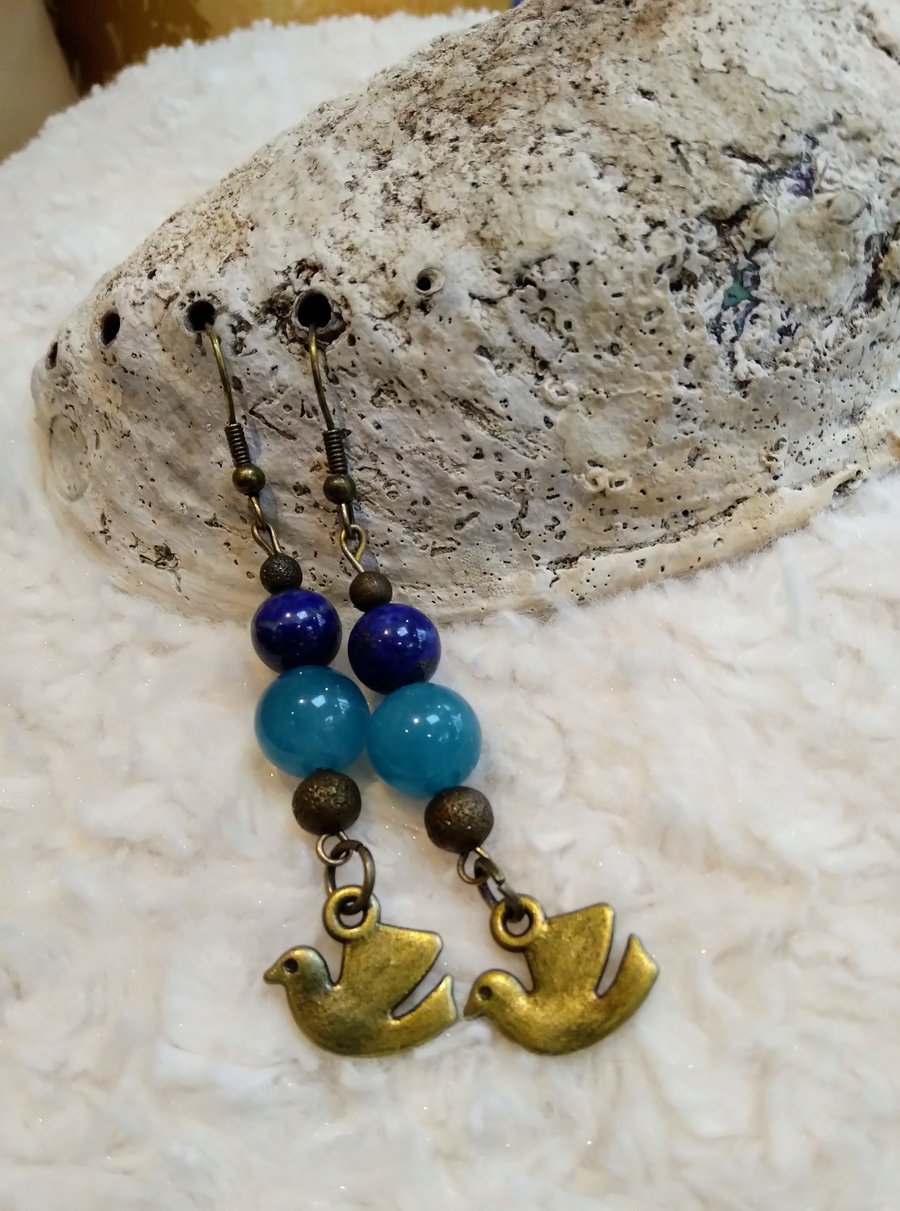 Lapis Lazuli and Aquamarine gemstones with bronze dangly EARRINGS