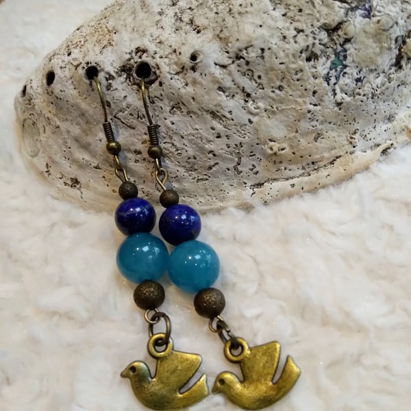 Lapis Lazuli and Aquamarine gemstones with bronze dangly EARRINGS
