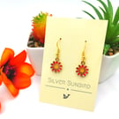 Daisy Dangle Earrings, Red Daisy Charms, Gold-plated Sterling Silver Hooks