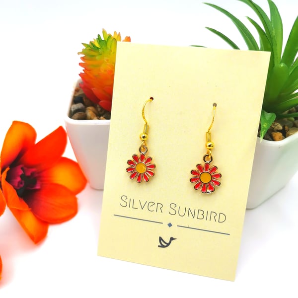 Daisy Dangle Earrings, Red Daisy Charms, Gold-plated Sterling Silver Hooks