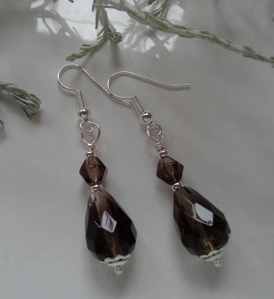 Faceted Natural Smokey Quartz Earrings  Silver Plated