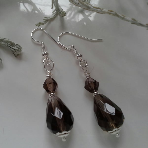 Faceted Natural Smokey Quartz Earrings  Silver Plated