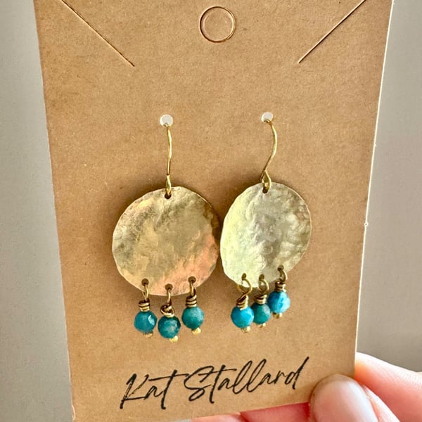 Boho Textured Disc Earrings With Apatite Gemstones Handmade in Cornwall 