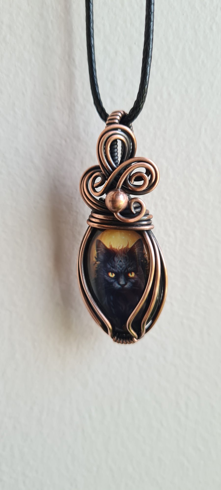 Black Cat Glass & Copper Wire Wrapped Necklace Pendant Gift Jewellery Jewelry 