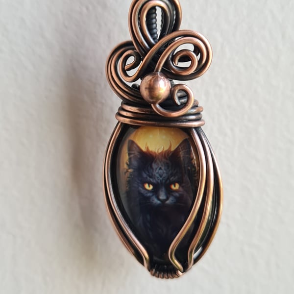 Black Cat Glass & Copper Wire Wrapped Necklace Pendant Gift Jewellery Jewelry 