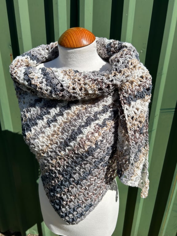 Asymmetrical Triangle Lace Crochet Wrap Shawl in Soft Neutral Tones Wool Blend