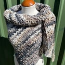 Asymmetrical Triangle Lace Crochet Wrap Shawl in Soft Neutral Tones Wool Blend