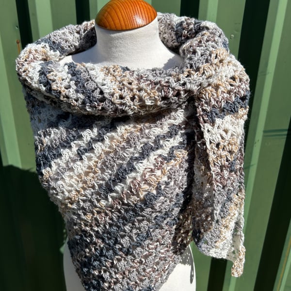 Asymmetrical Triangle Lace Crochet Wrap Shawl in Soft Neutral Tones Wool Blend