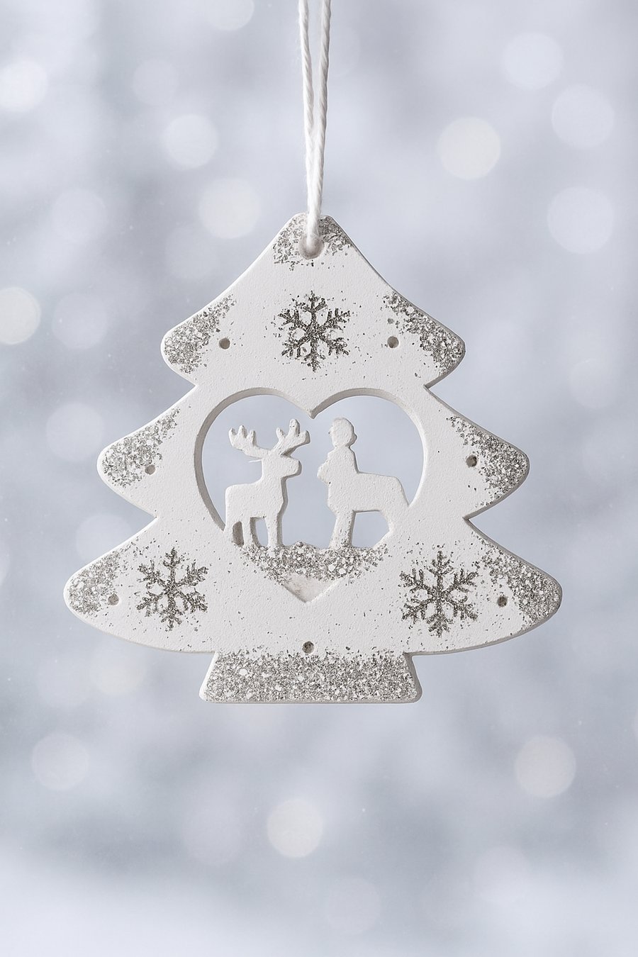 White & Silver Glitter Wooden Tree Ornament