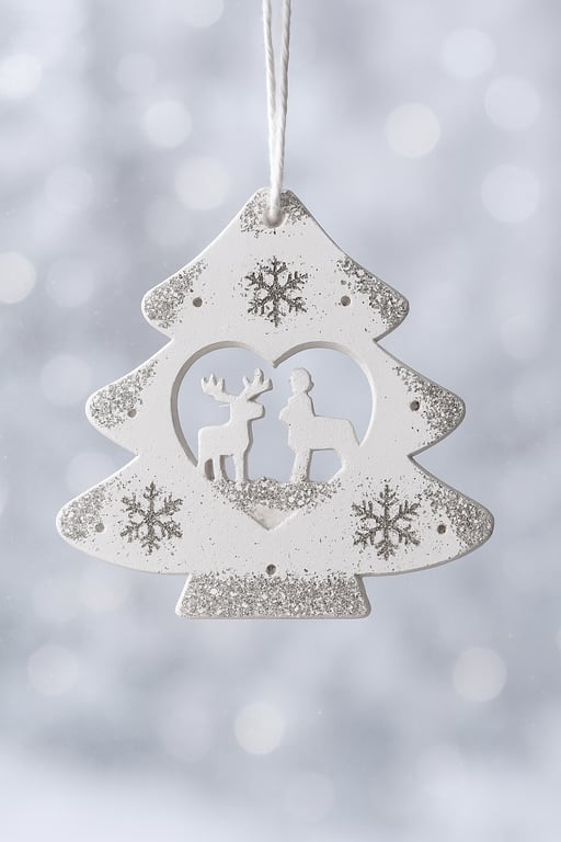 White & Silver Glitter Wooden Tree Ornament