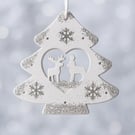 White & Silver Glitter Wooden Tree Ornament