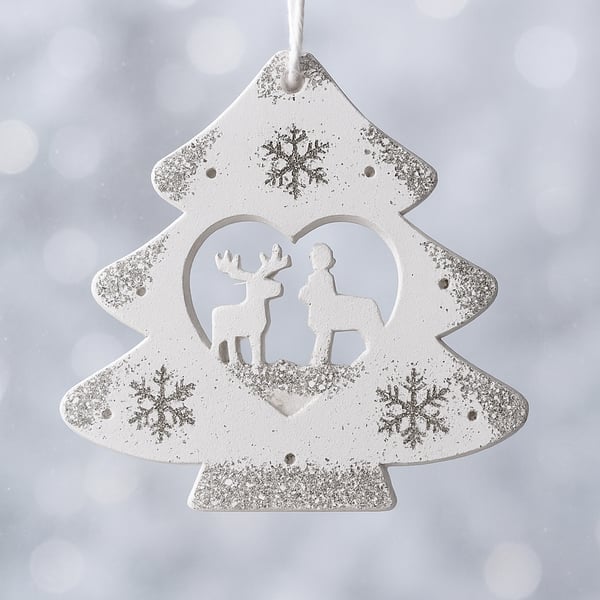 White & Silver Glitter Wooden Tree Ornament