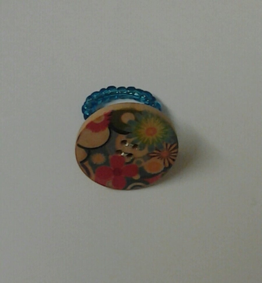 Patterned Wooden Button Ring