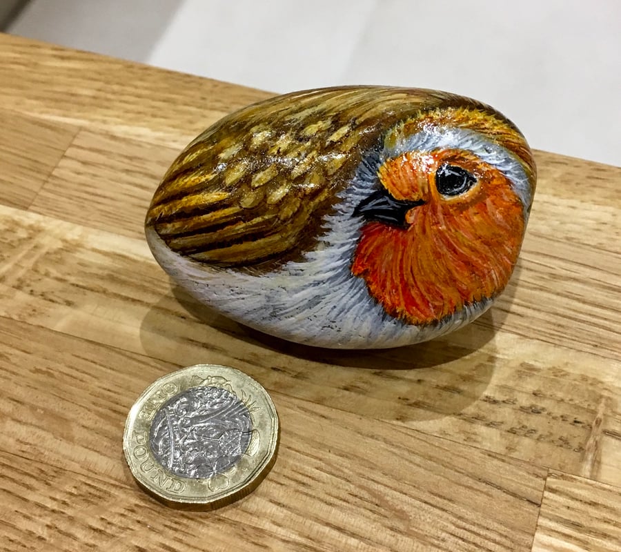 Robin painted pebble garden rock art bird wildlife gift stone 
