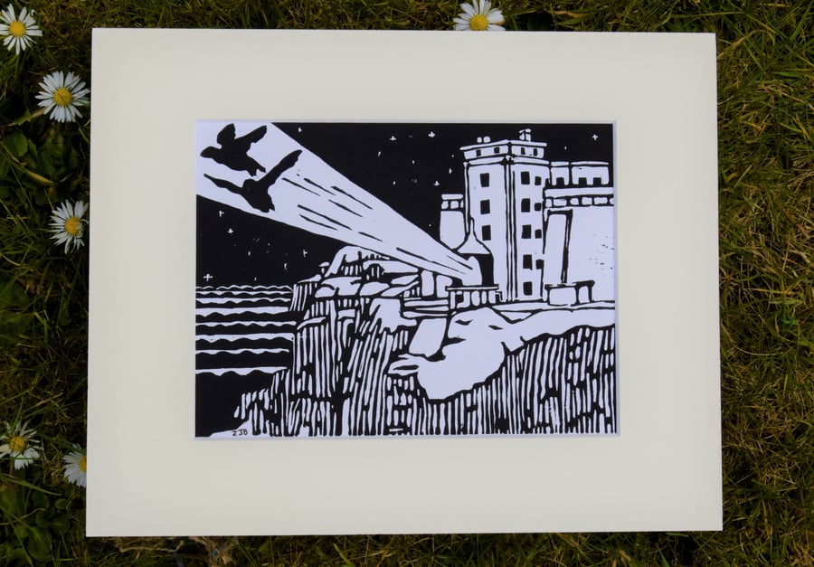 Rathlin Island Upside down west lighthouse linoprint Northern Ireland linocut