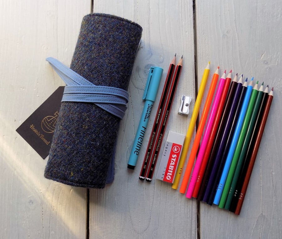 Harris Tweed pencils roll in pava shell blue. With or without pencils