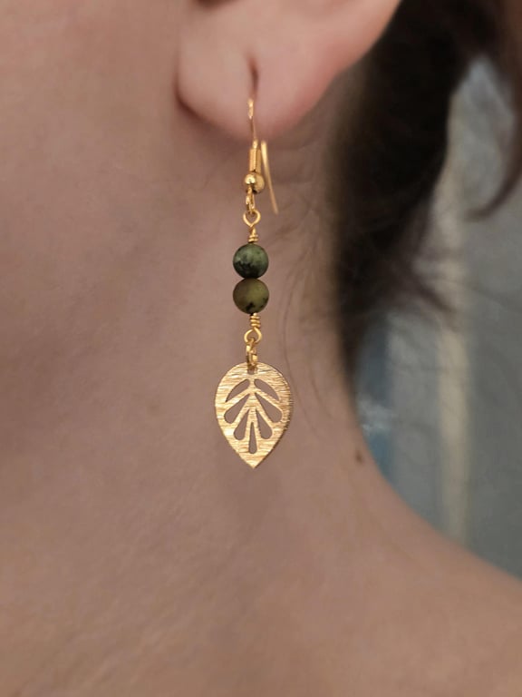 Handmade Gold Leaf Earrings with African Turquoise Beads