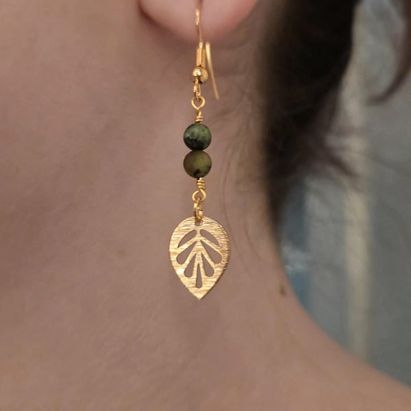 Handmade Gold Leaf Earrings with African Turquoise Beads