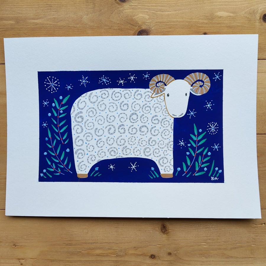 Ram and stars original painting, A4, mystical magical starry sky, Aries