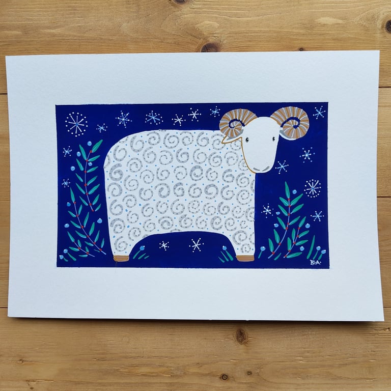 Ram and stars original painting, A4, mystical magical starry sky, Aries