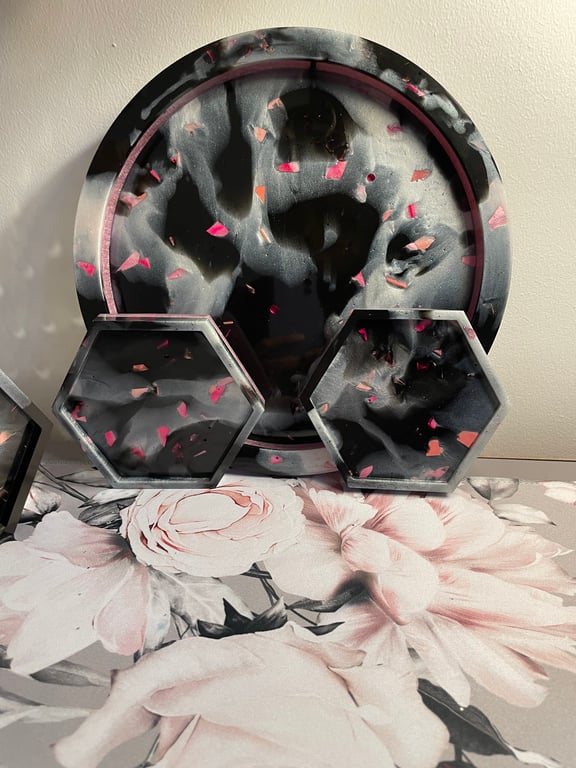 Handmade Coasters & Serving Dish in Classic Marble and Pink 