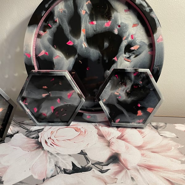 Handmade Coasters & Serving Dish in Classic Marble and Pink 