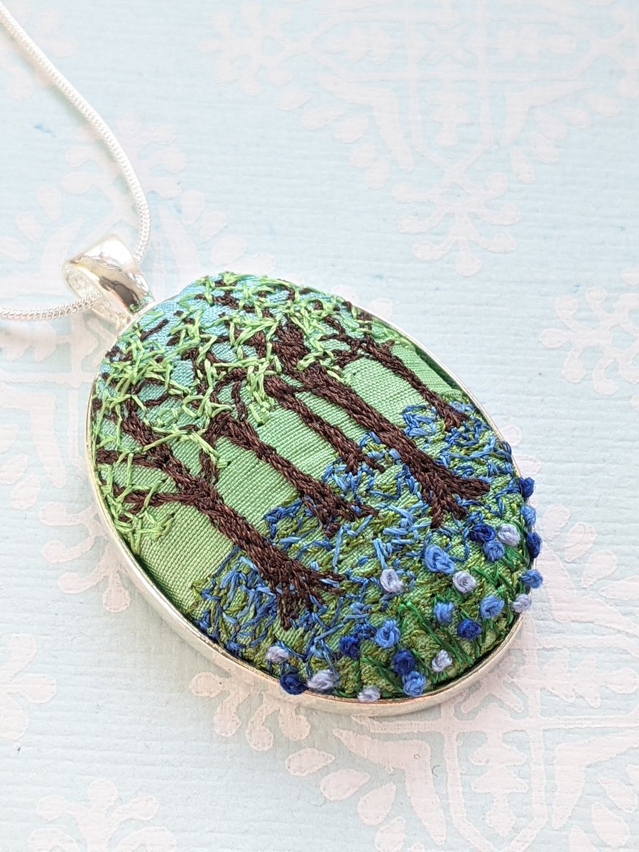 Bluebell wood embroidered necklace pendant