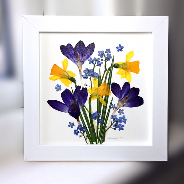 Spring Garden Bloom, Pressed Flower Art, 18.5cm, Botanical wall art,