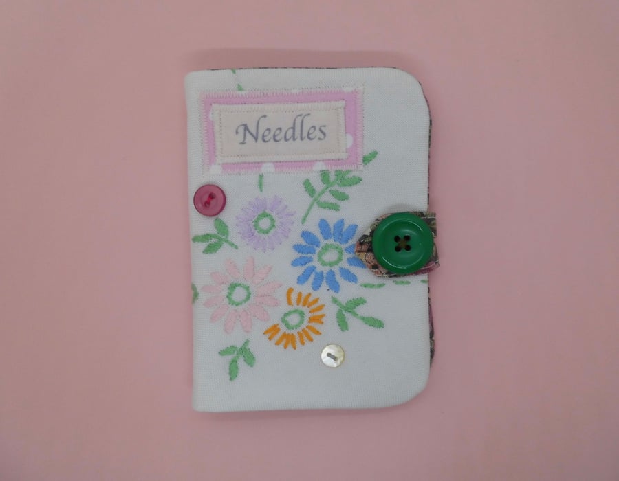 SOLD Needle case using repurposed embroidery pink spot