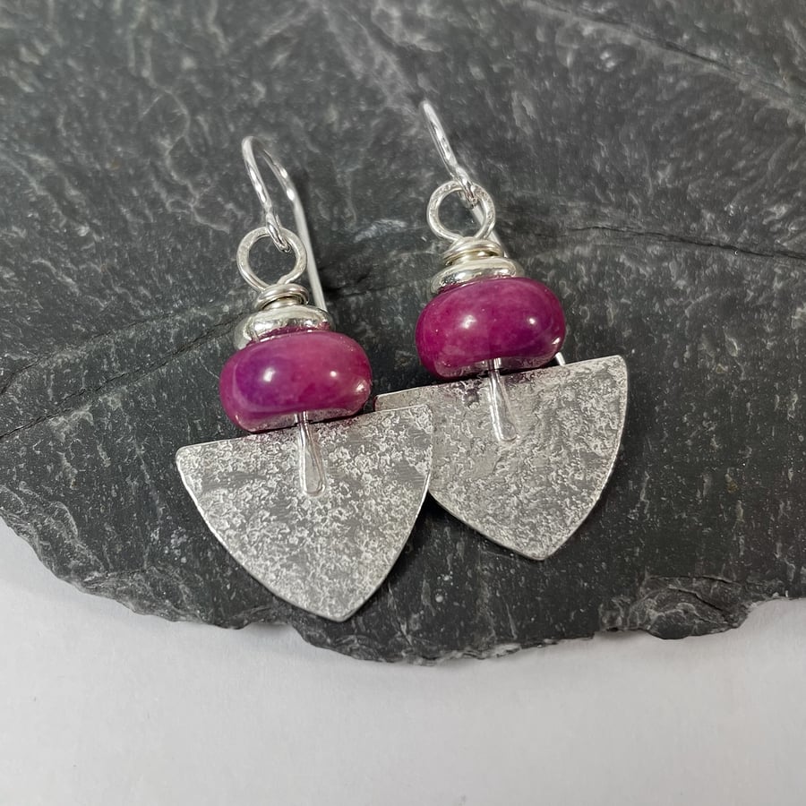 Silver and fushia jasper Shovel earrings