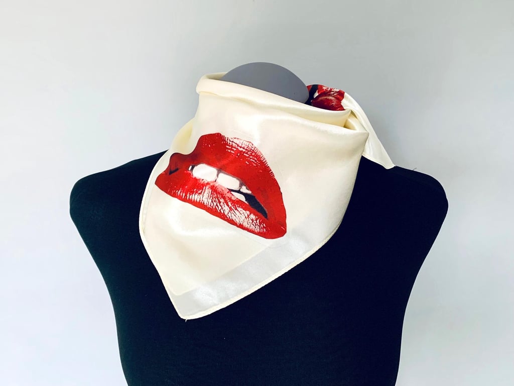 Rocky Horror Picture Show Inspired Scarf. Satin Silk Square with Red Lips Print