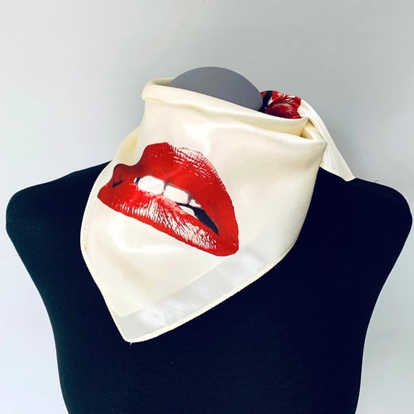 Rocky Horror Picture Show Inspired Scarf. Satin Silk Square with Red Lips Print