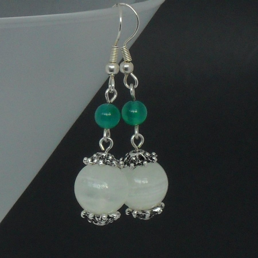 Milky white agate & green jade earrings